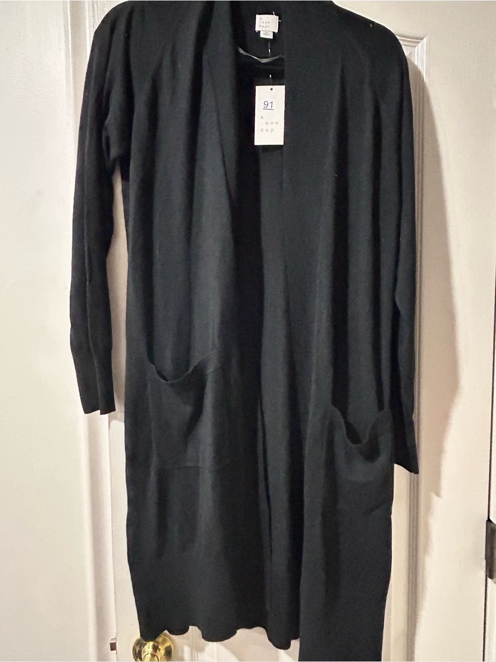 a new day Black Long Open-Front Cardigan with Patch Pockets